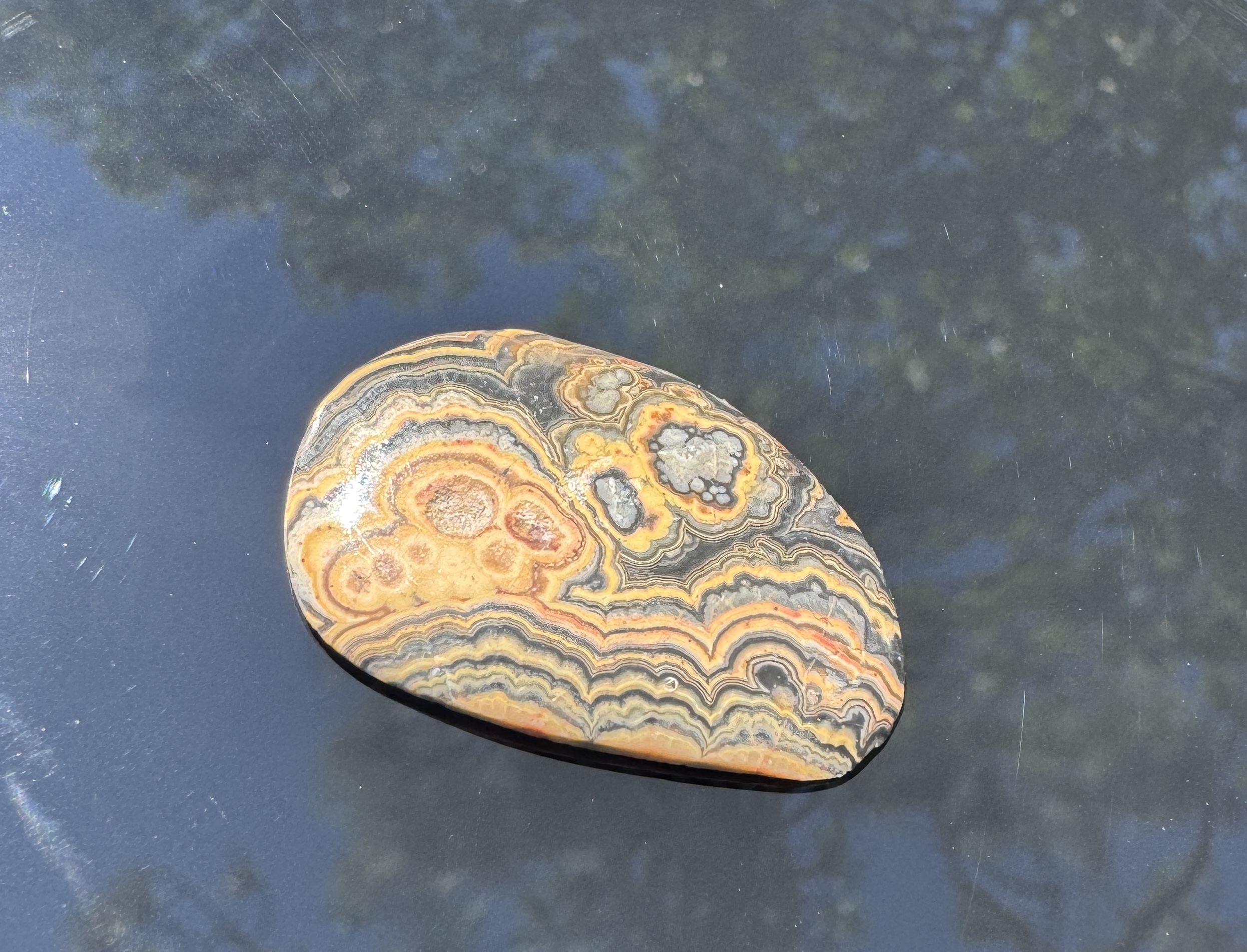 Flowering tube onyx freeform cabochon with orange and black oblicular patterns.