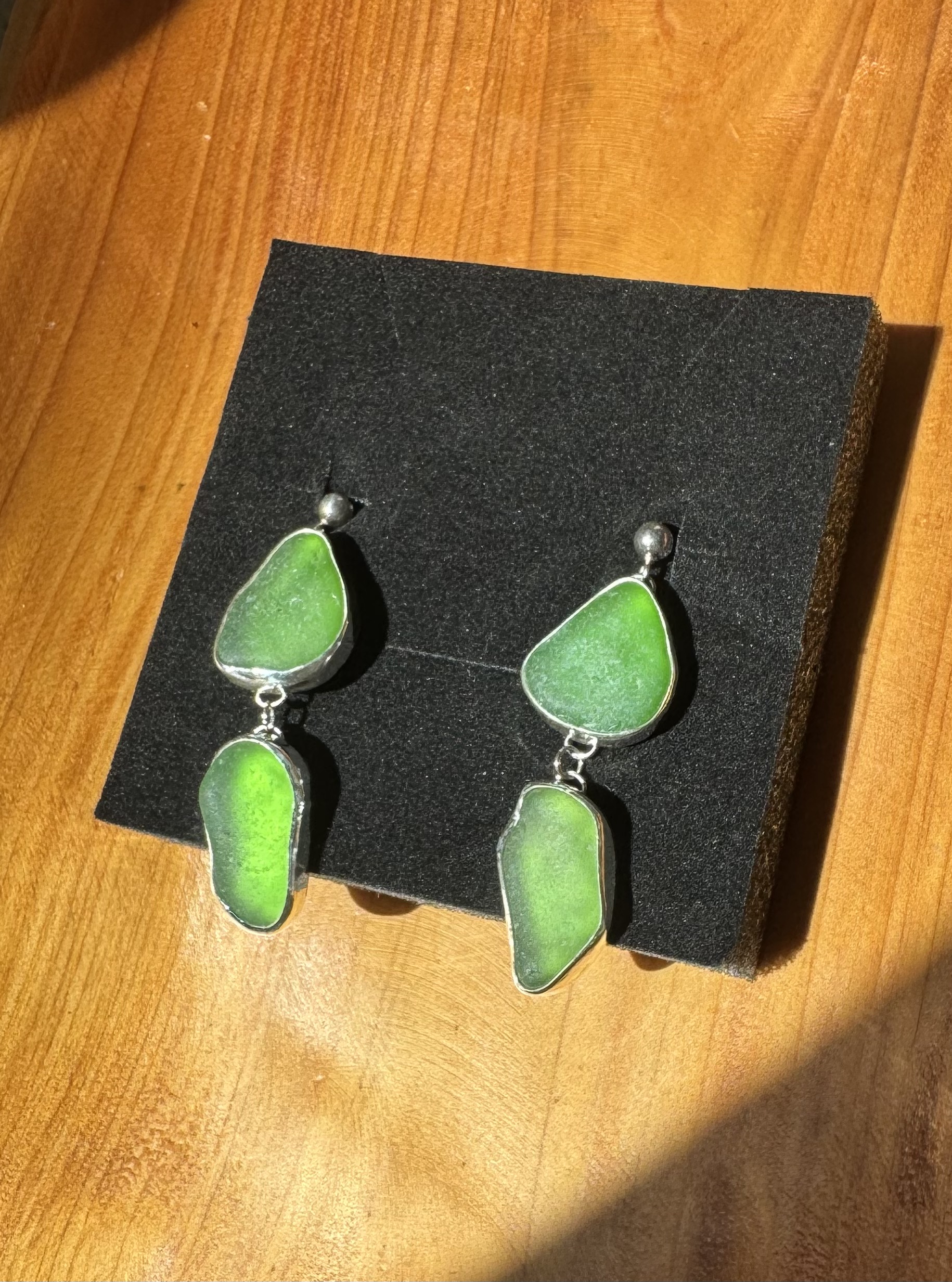 Handmade Double Dangle Green Sea Glass Earrings in Sterling Silver