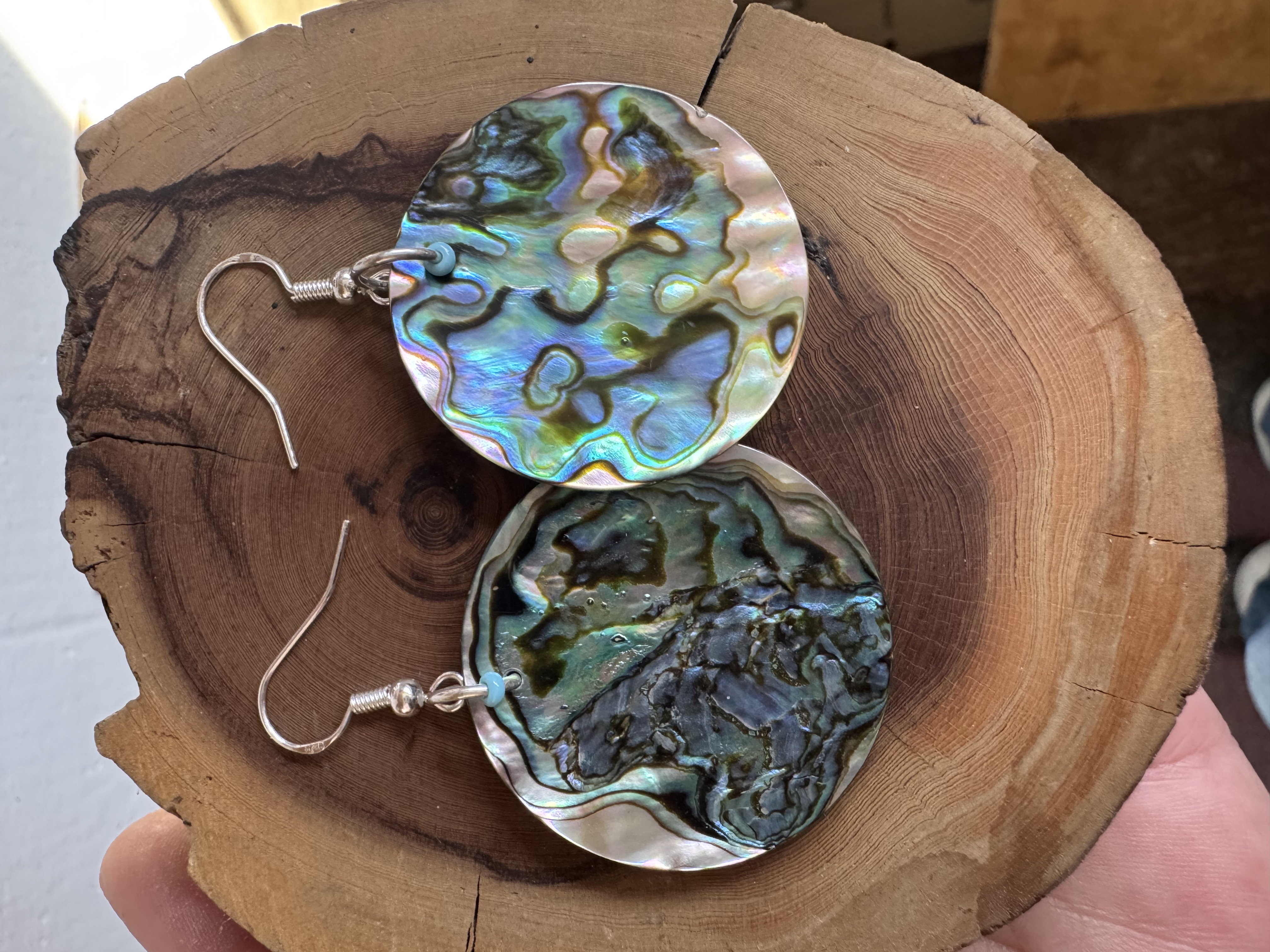 Artisan Large Abalone Shell Disk Earrings with Turquoise Beads