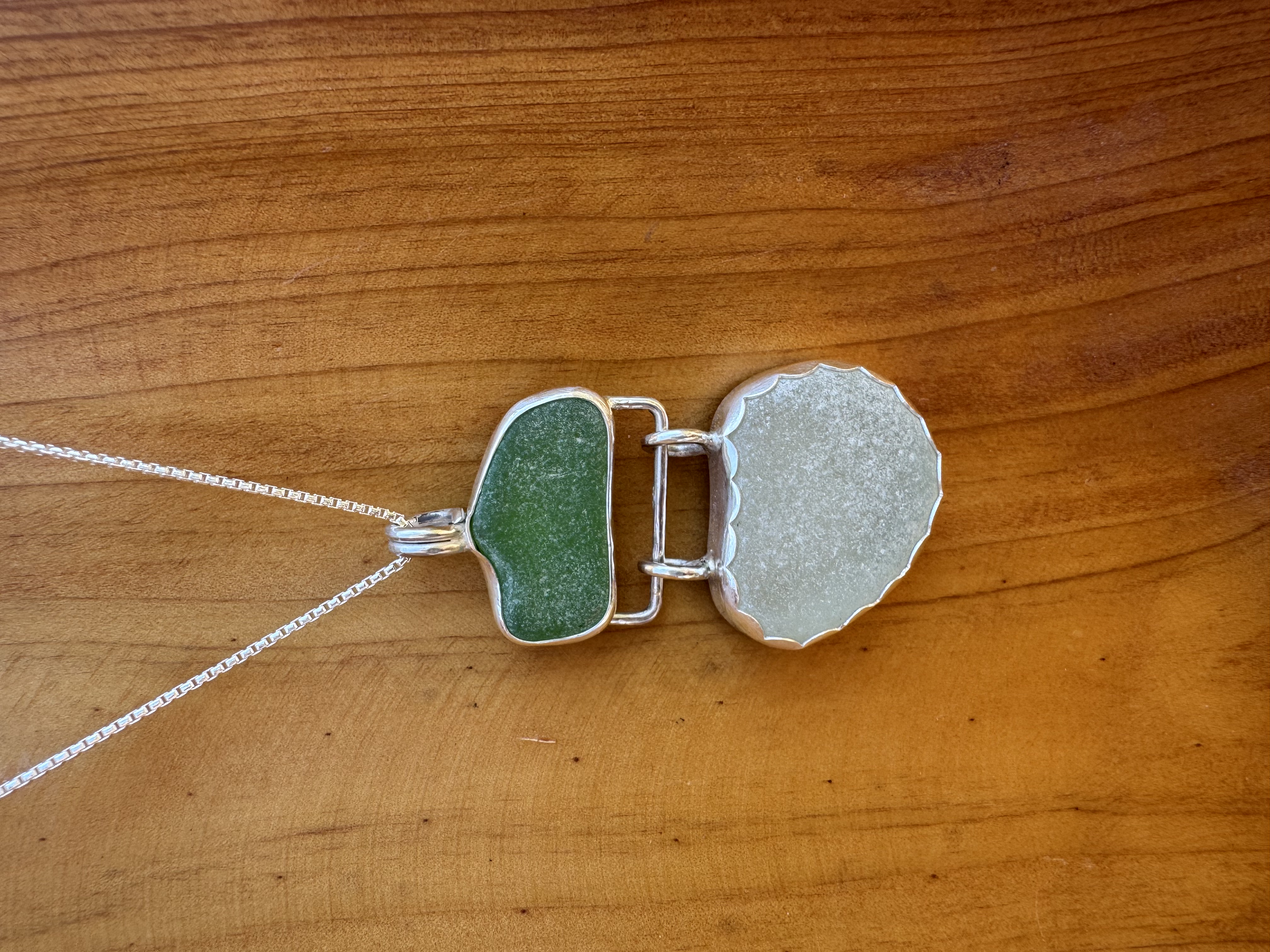 Swinging seaglass sterling silver pendant view 2