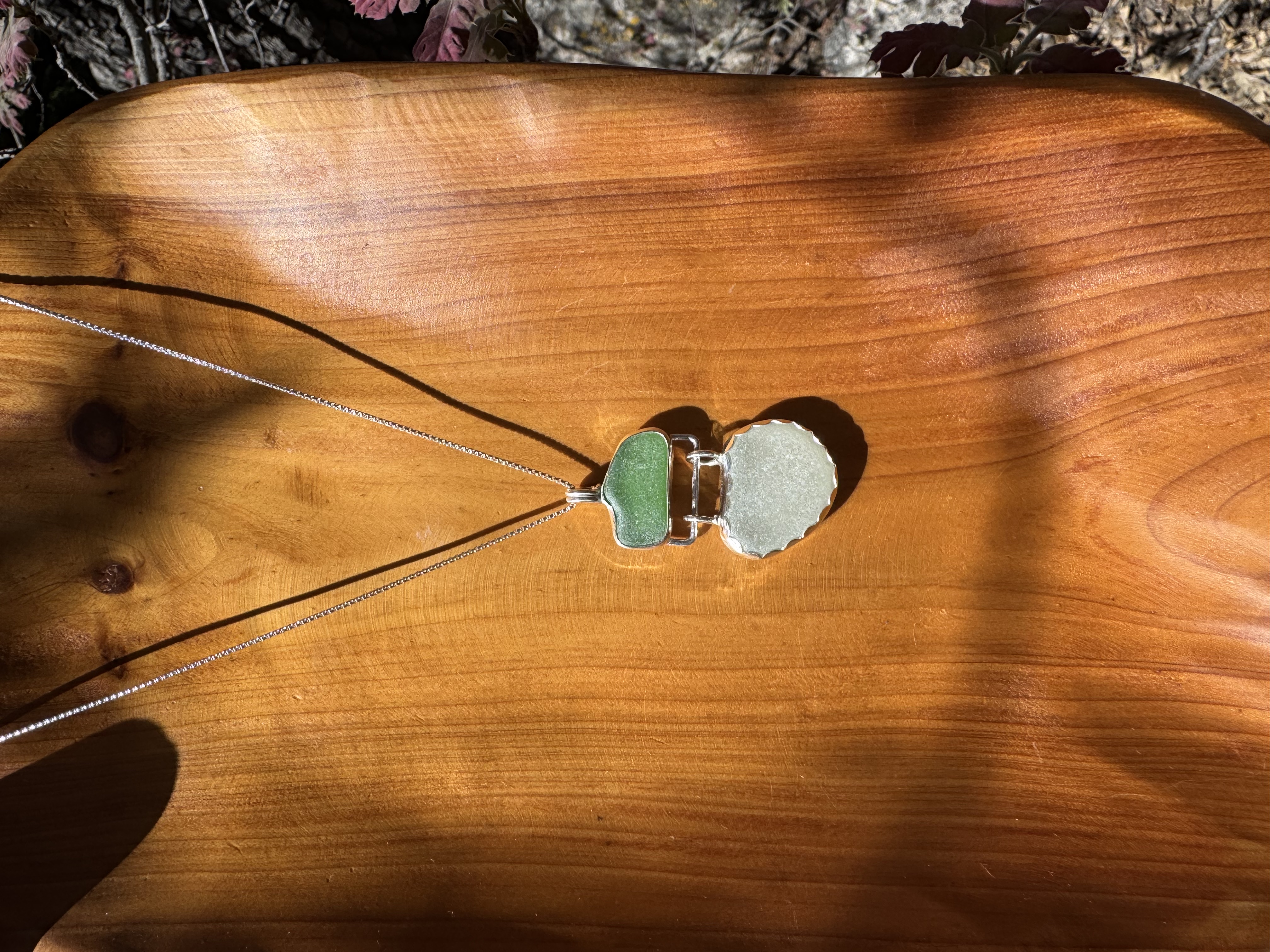 Swinging seaglass sterling silver pendant view 3