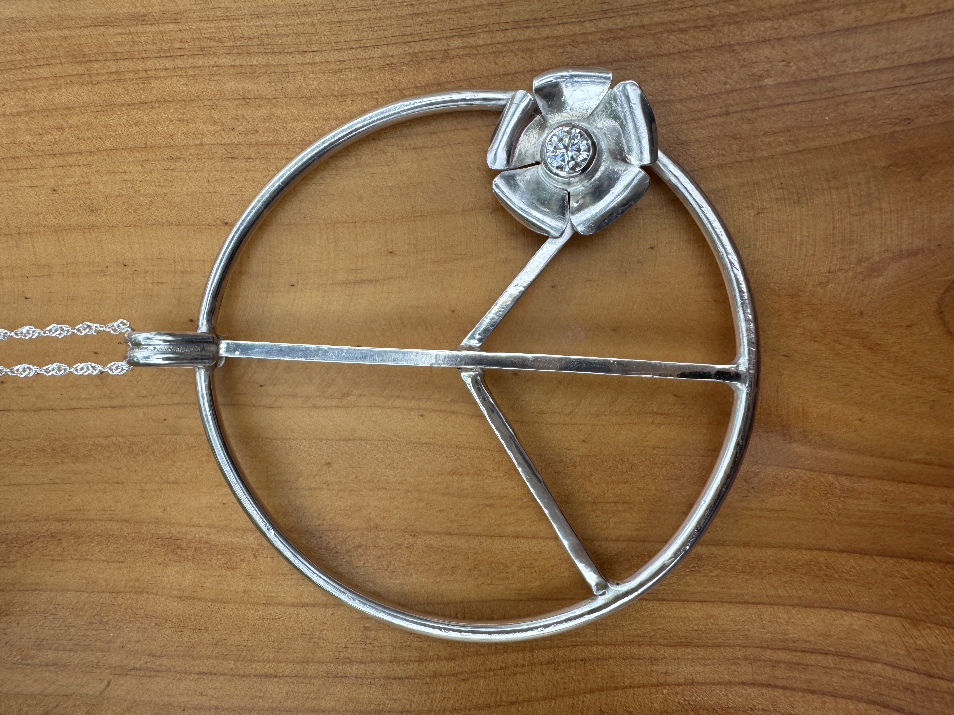 large peace sign with moissanite flower sterling silver necklace
