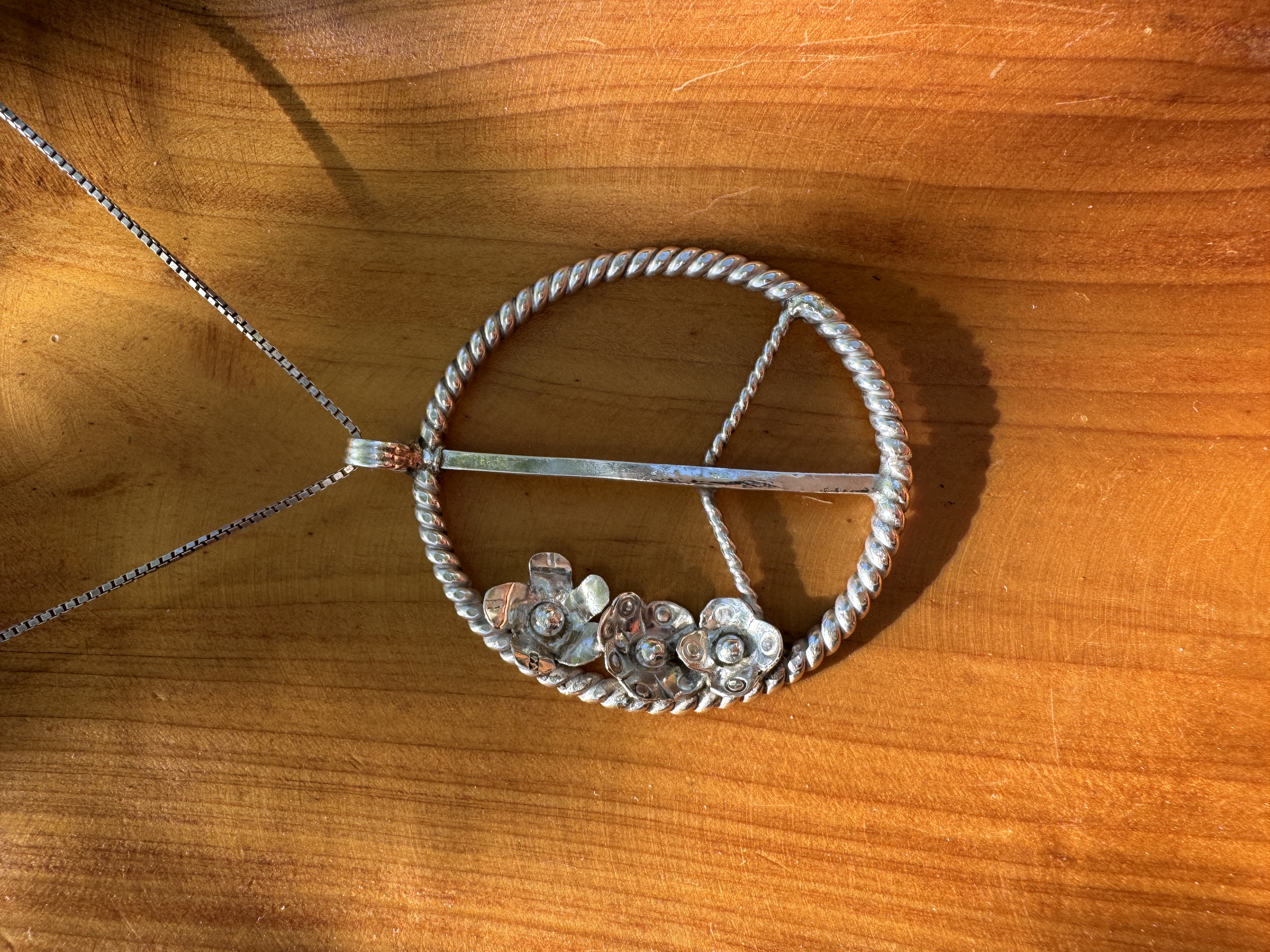 Peace Sign With 3 Flowers Sterling Silver Necklace