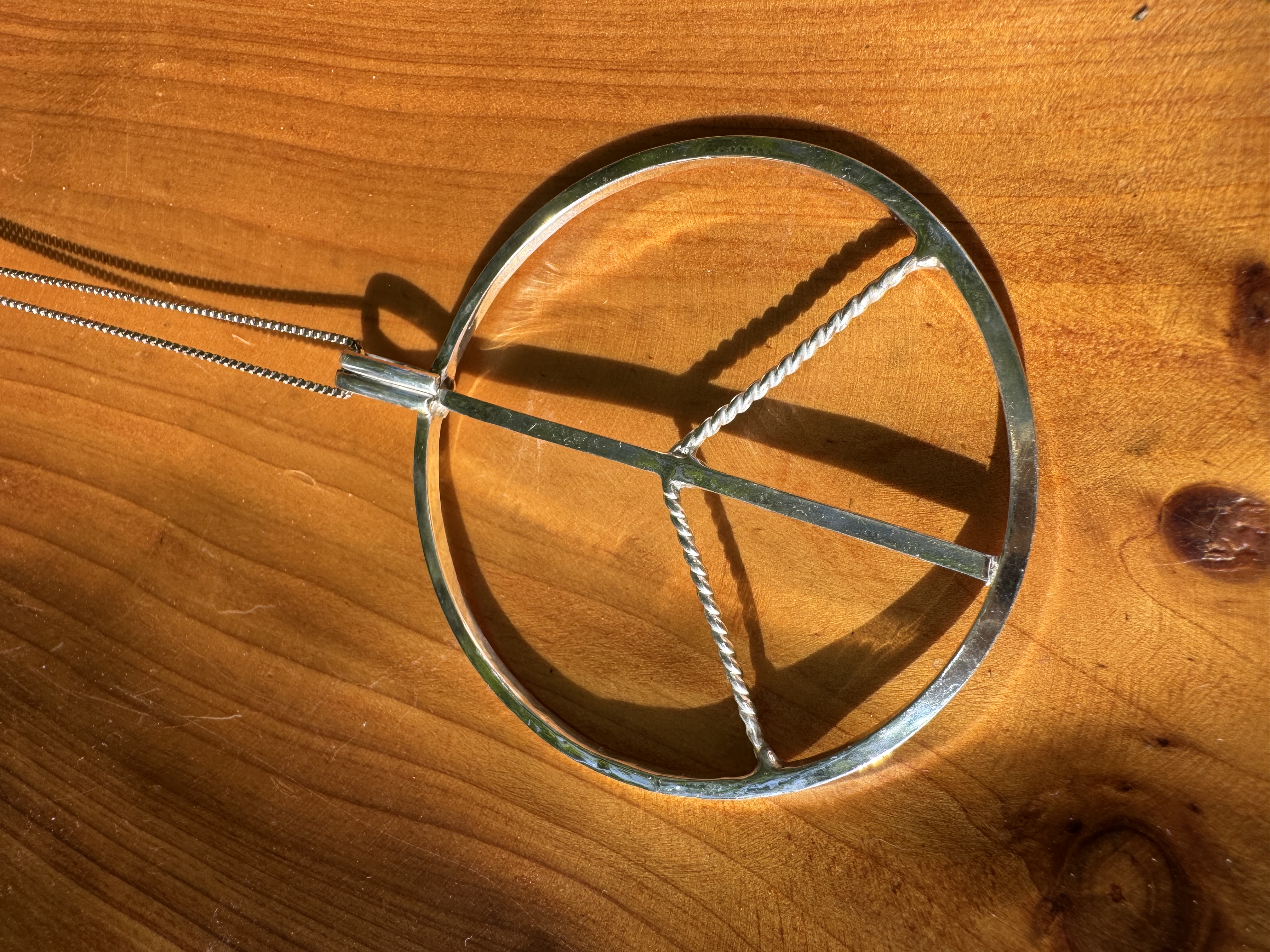Large Peace Sign Necklace with Twisted Wire Accents in Sterling Silver
