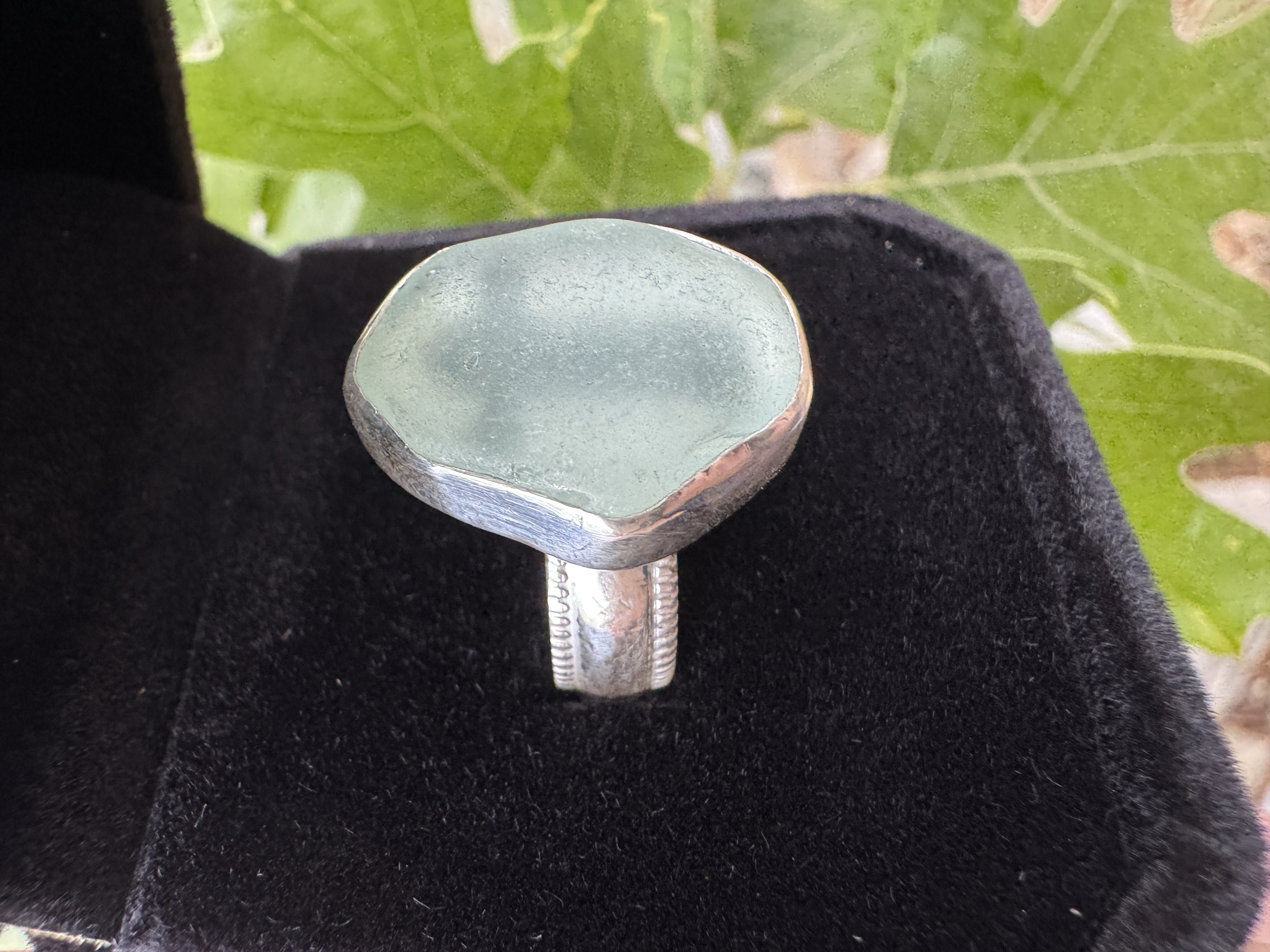 Carved Cross Seaglass Ring with Sterling Silver Band