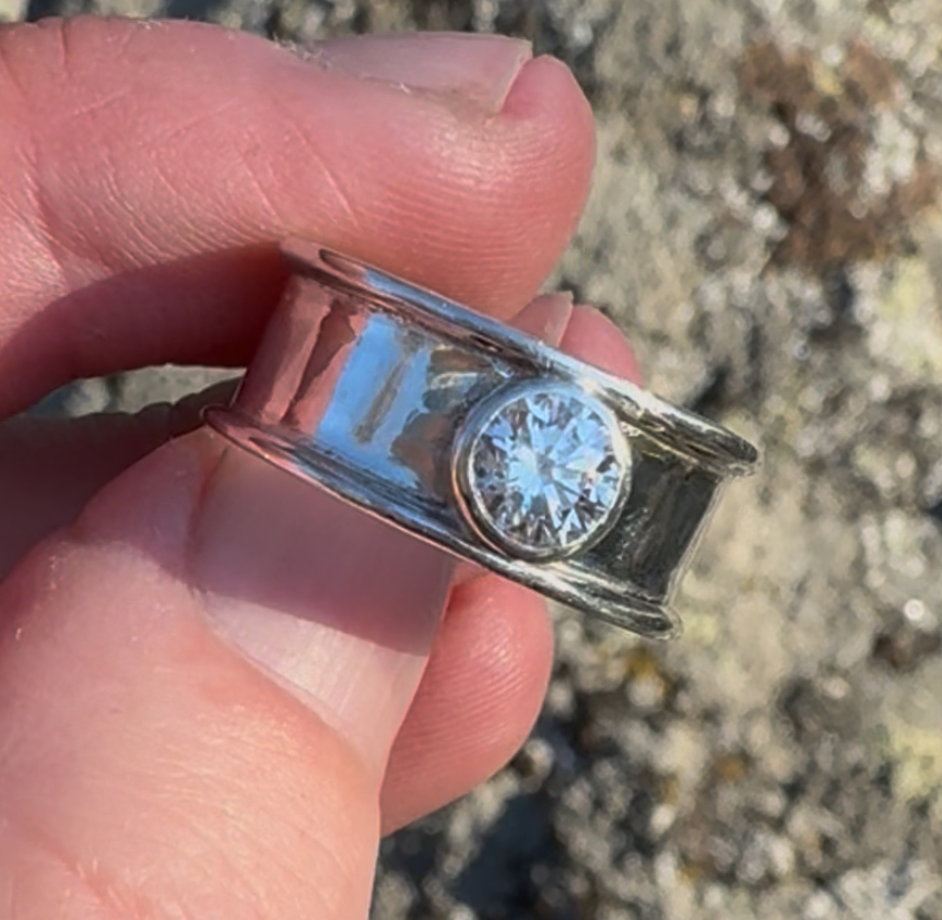 Cubic Zirconia ring in a wide sterling silver band