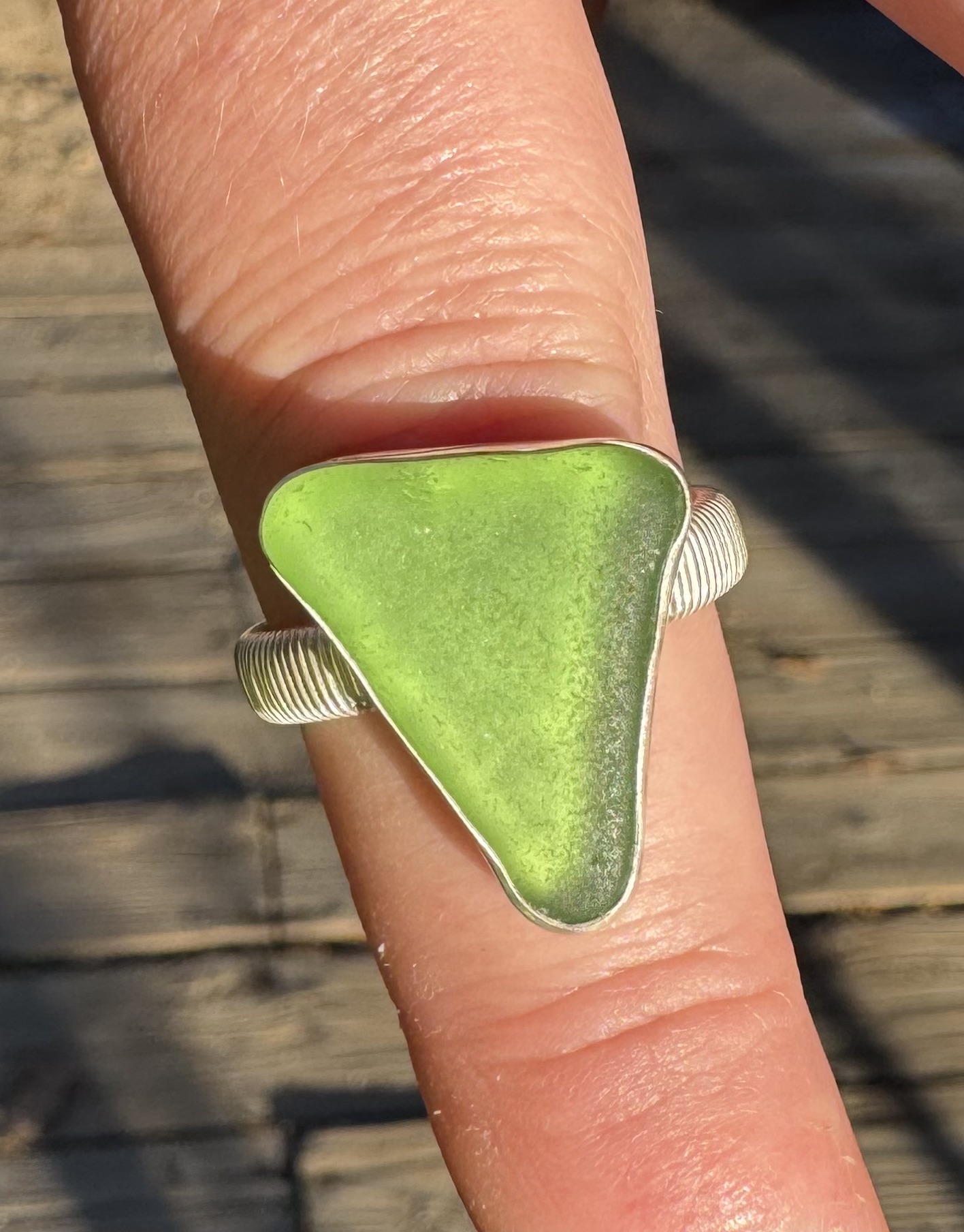 Green Beach Glass Ring with Custom Wire Wrapped Band