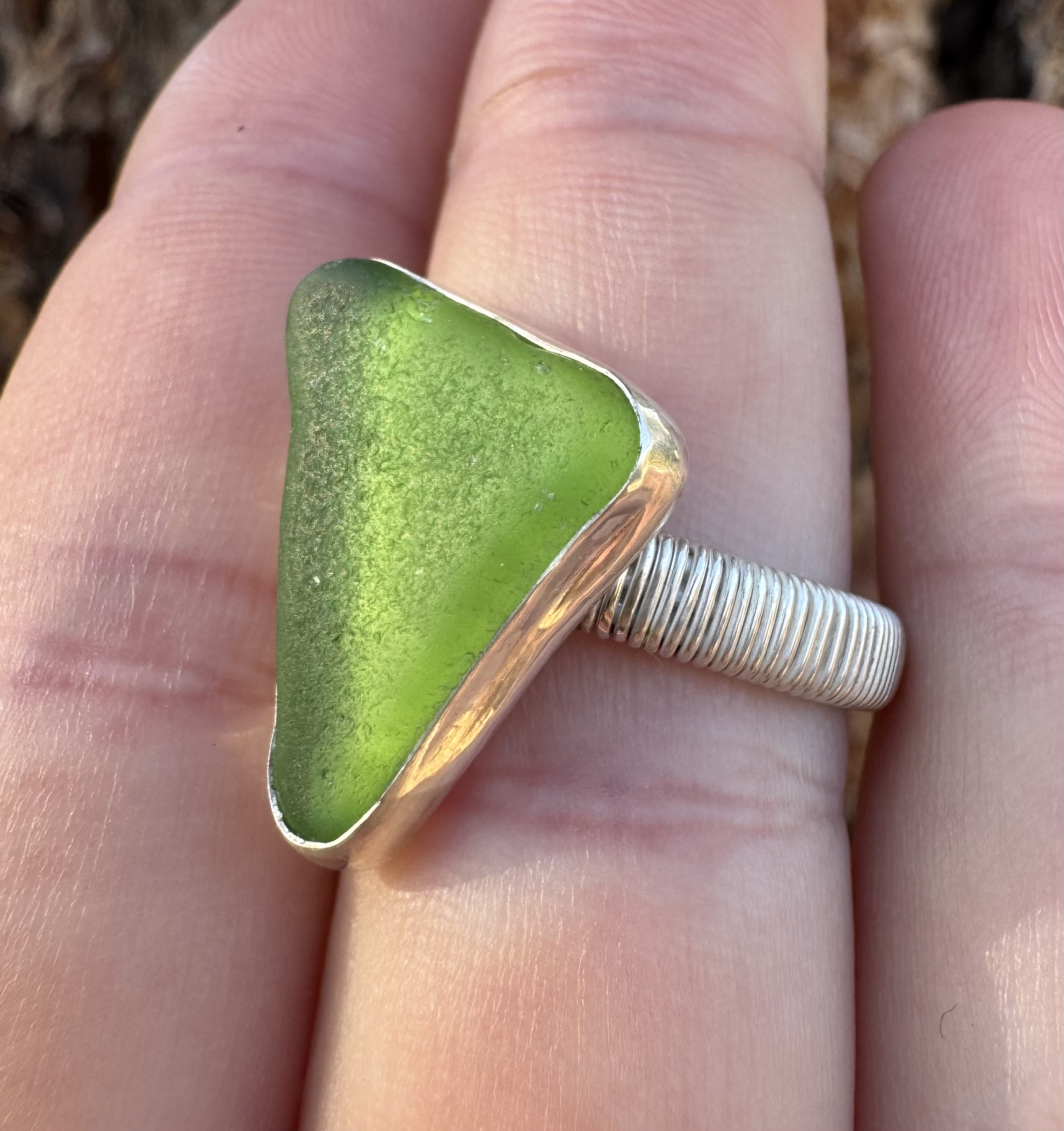 Wire wrapped sea glass ring view 2