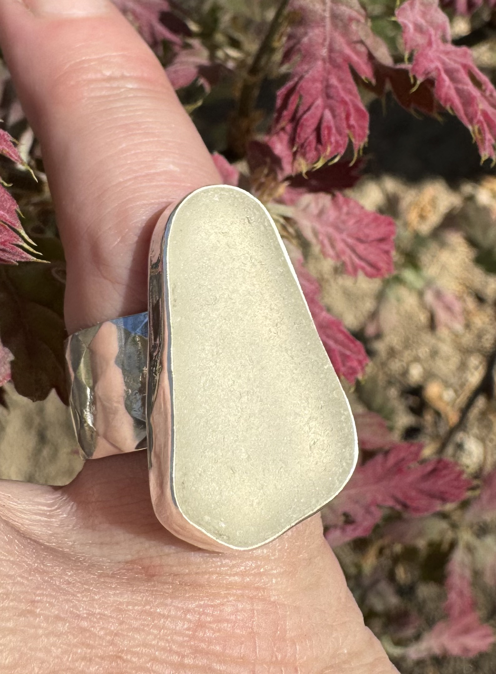 Large White Sea Glass Sterling Silver Wide Band Statement Ring