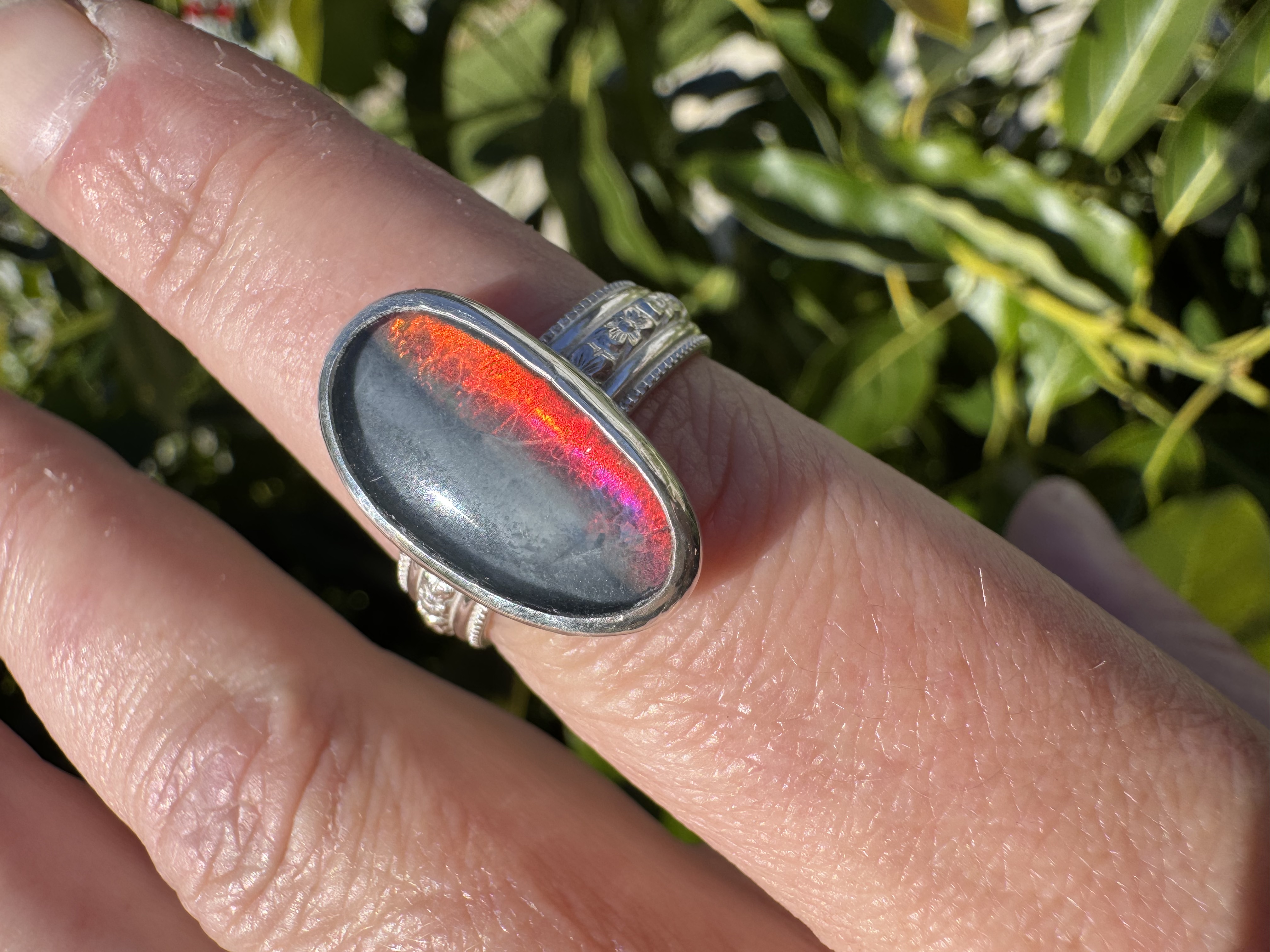 Fire opal triplet ring view 3
