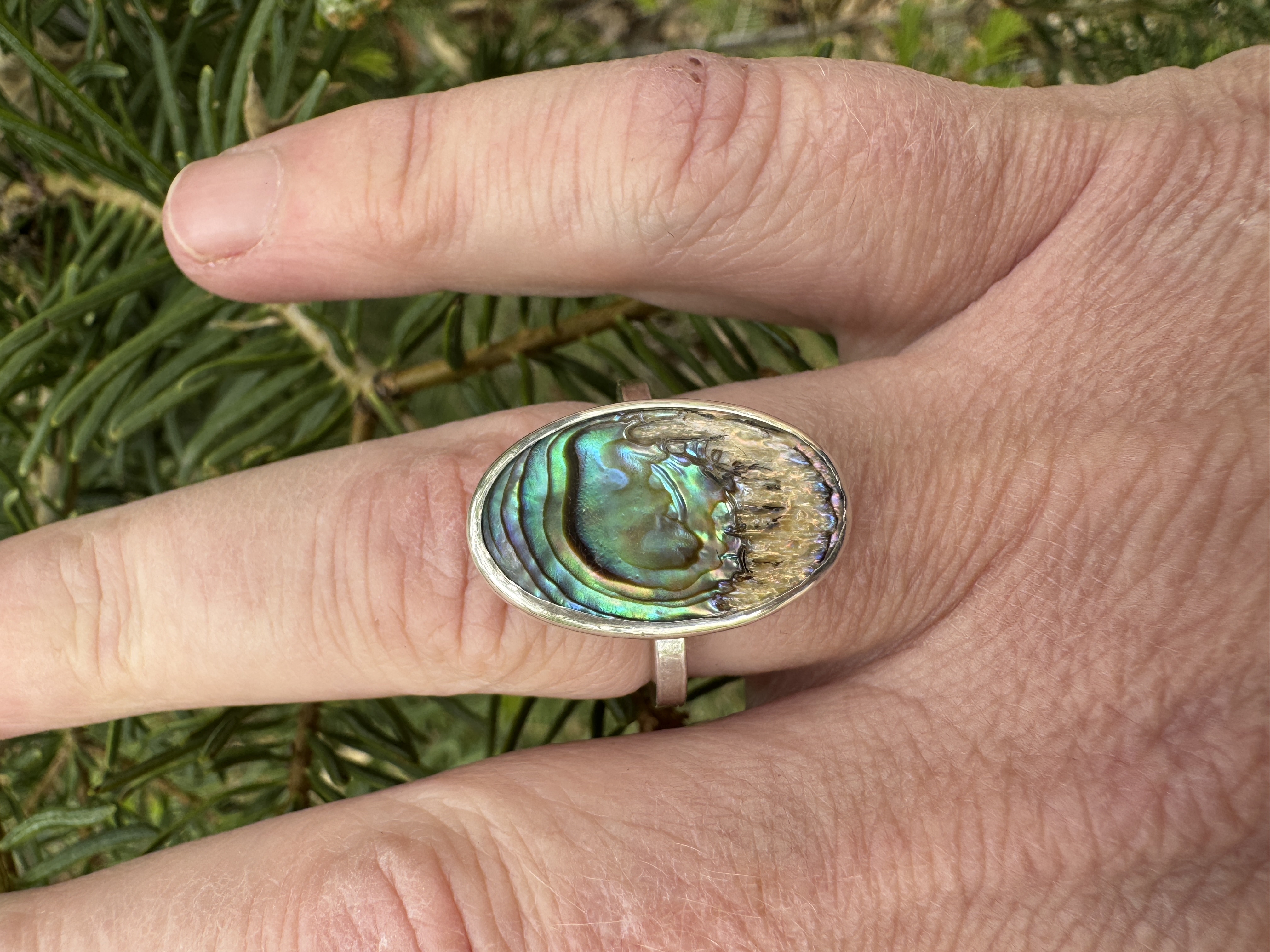Natural Oval Abalone Shell Sterling Silver Artisan Ring