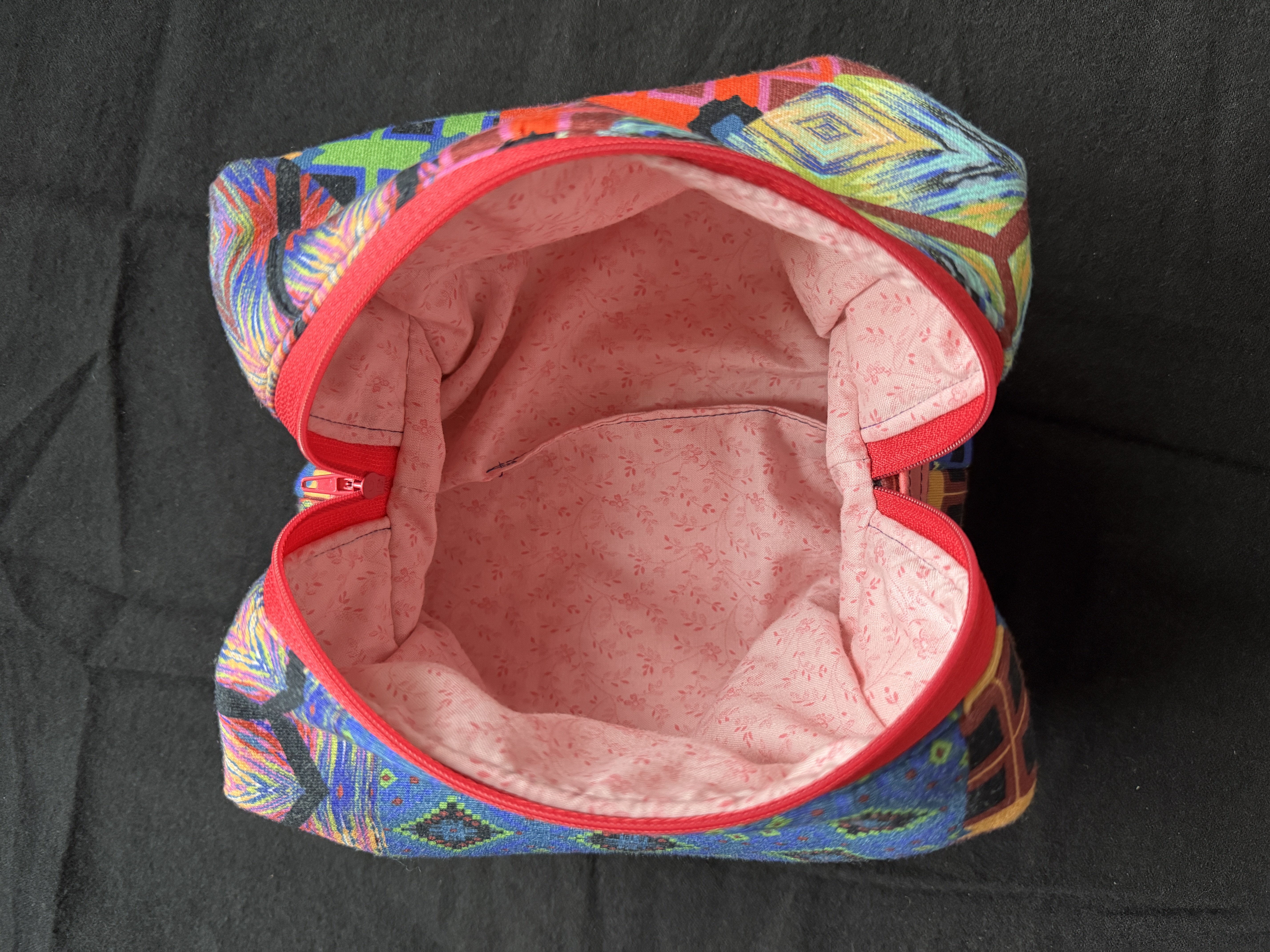 Handcrafted makeup bag bottom view with zipper