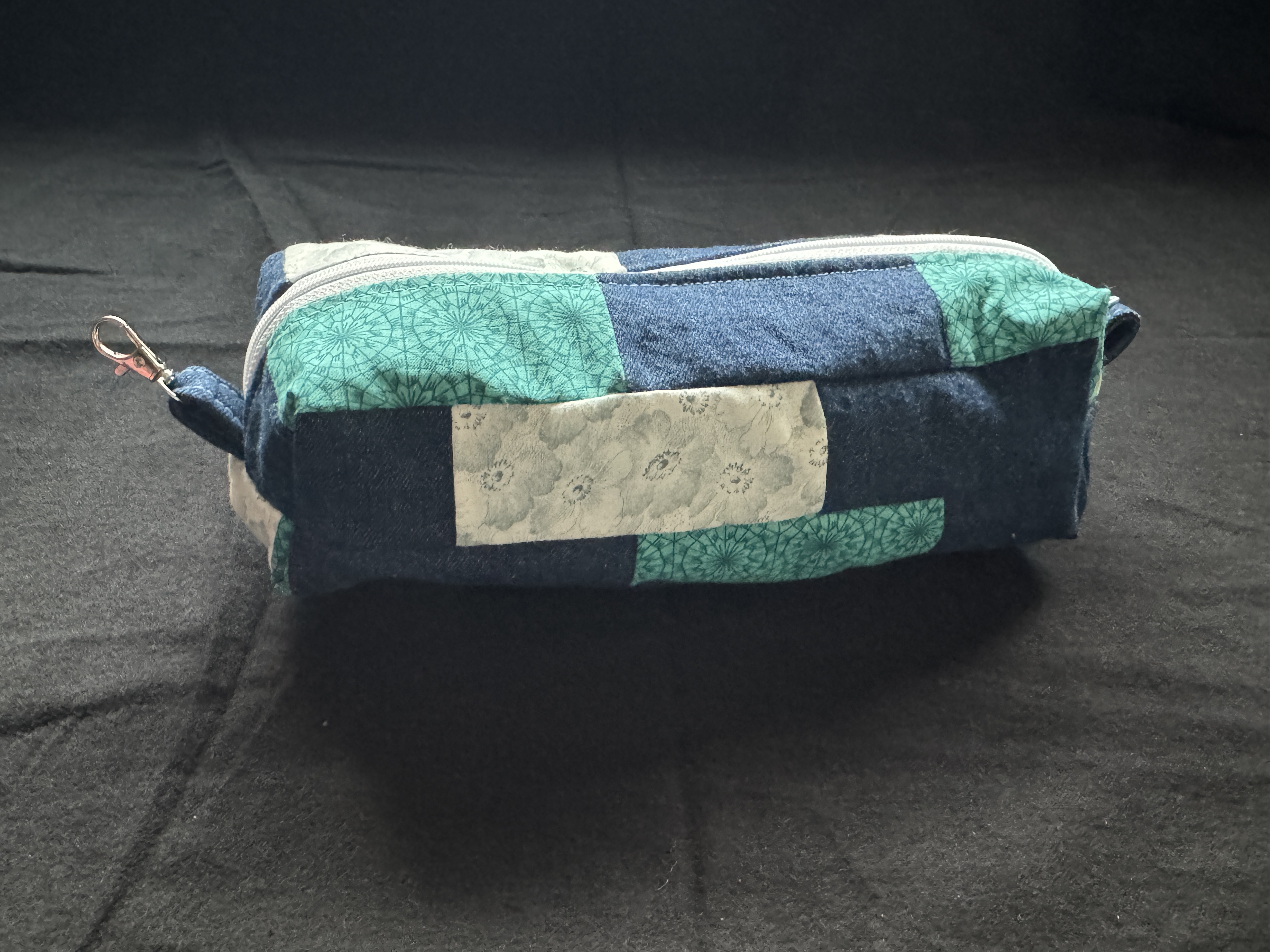 Repurposed denim rail fence pattern patchwork bag with hanging hardware