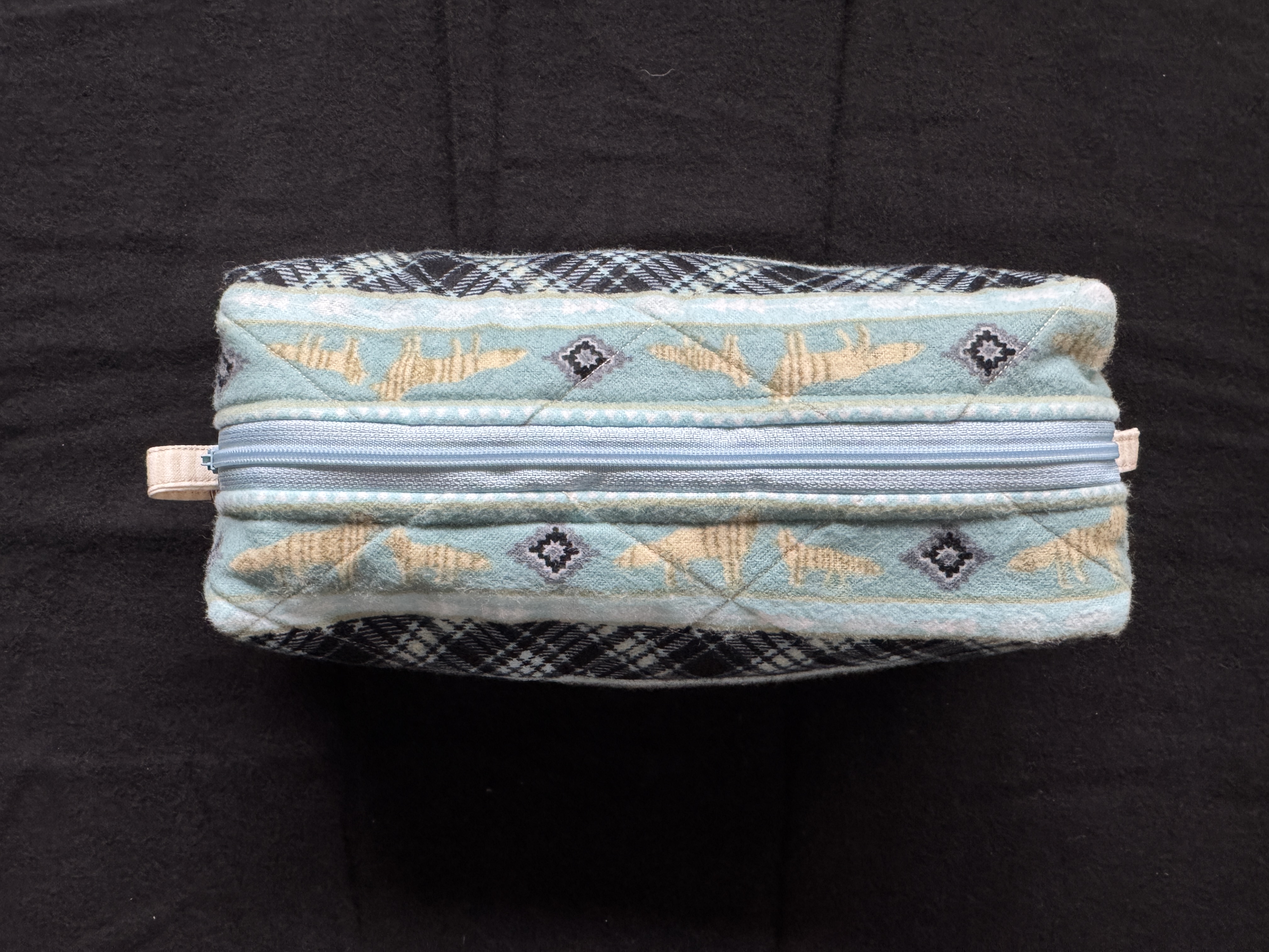 Handcrafted makeup bag bottom view with zipper