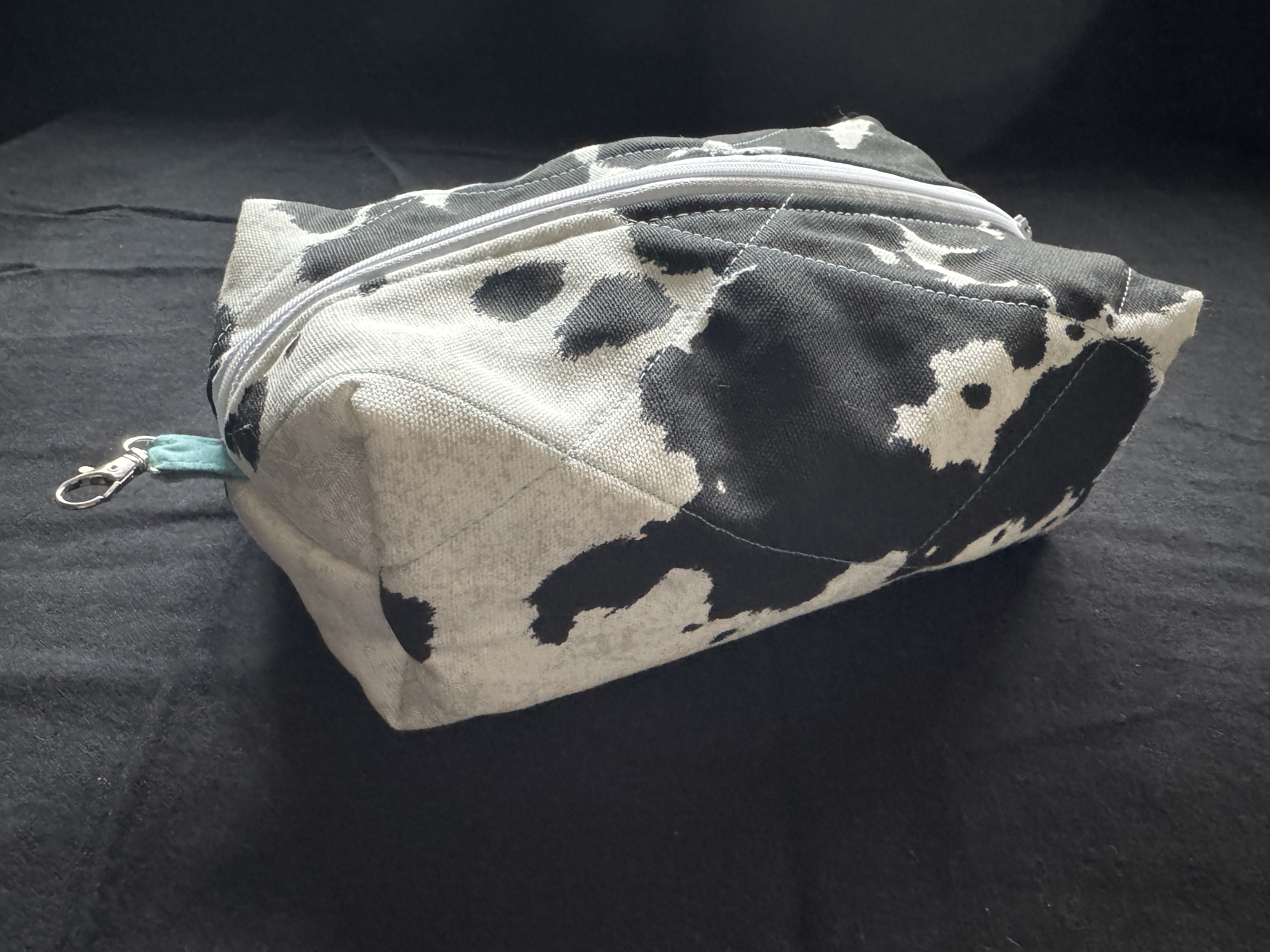 Western style cow print and turquoise fabric handmade accessory bag